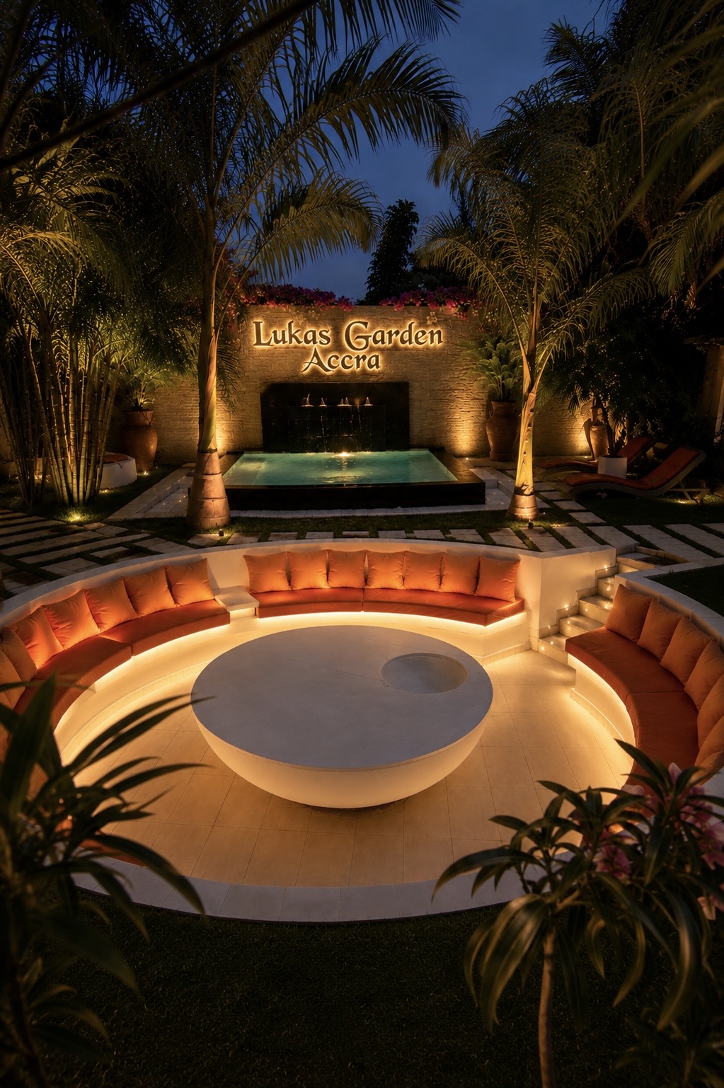 Lukas Garden Accra, sunken lounge, pool and signature water wall at night